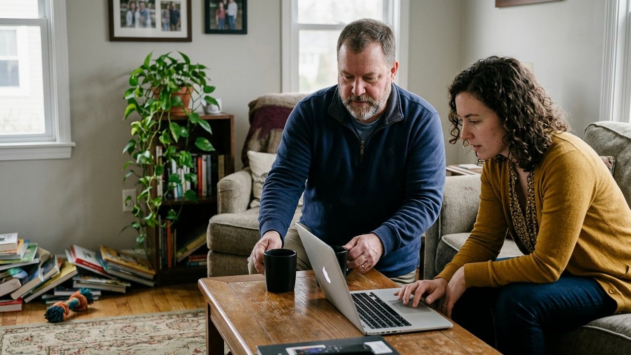 Principal sets down coffee as younger colleague scrolls on a laptop
