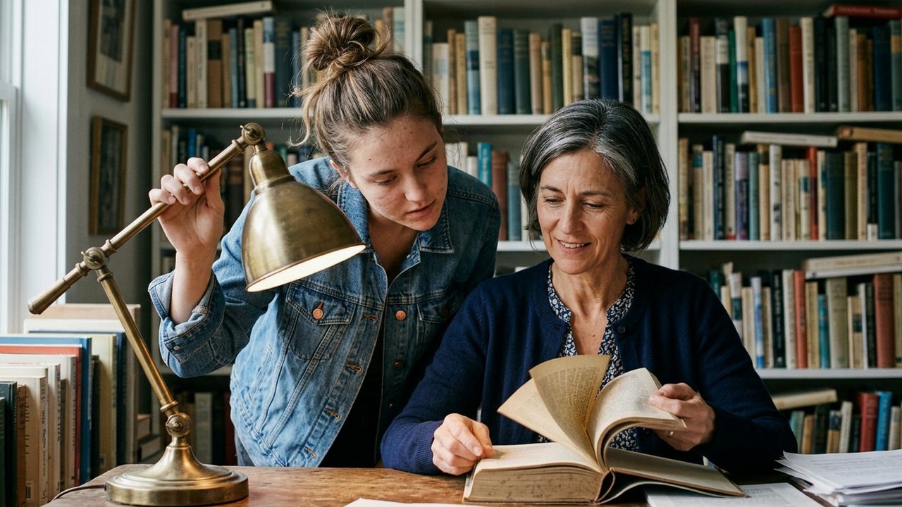Teacher and adult daughter reading a hardcover in a lamplit study