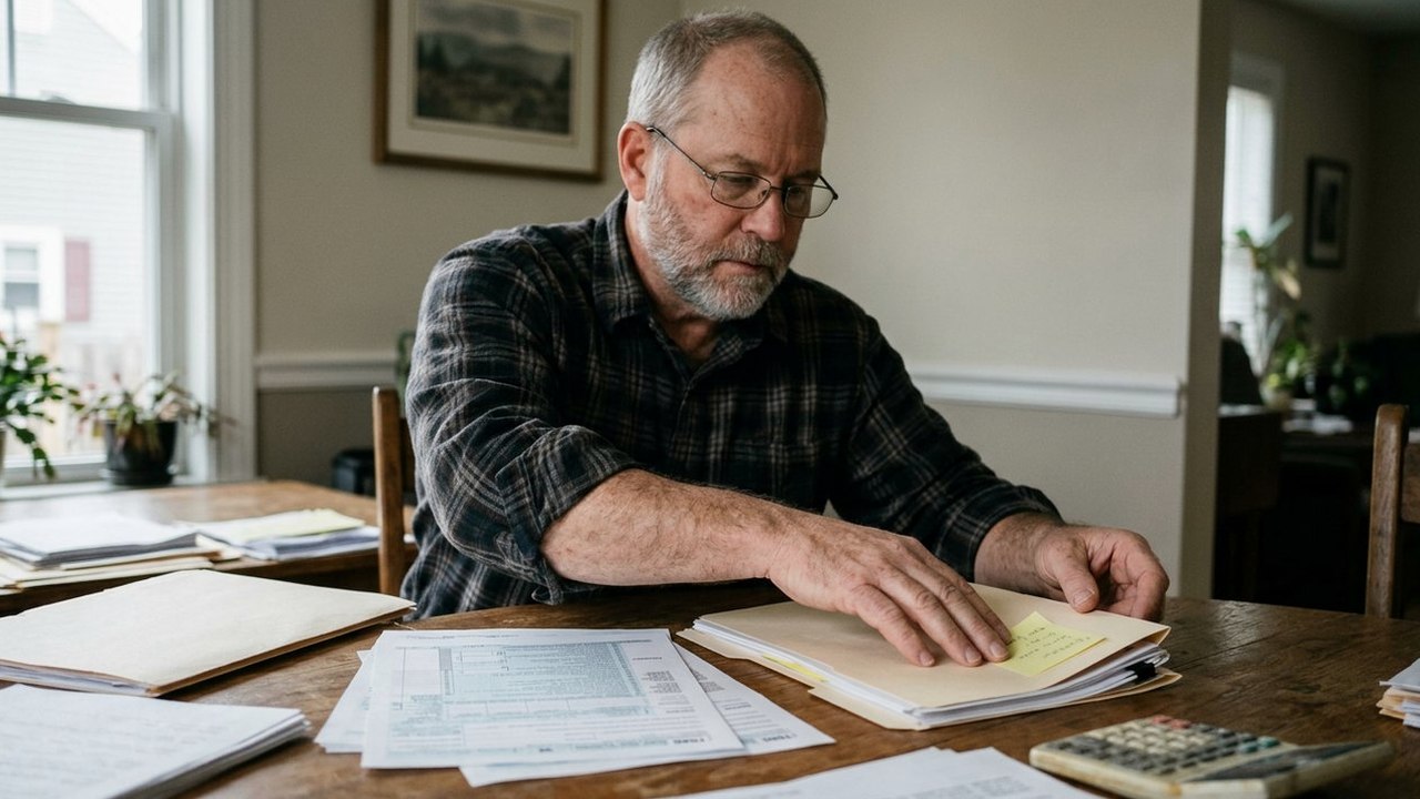 Bearded man sorting tax papers and sticky notes at dining table