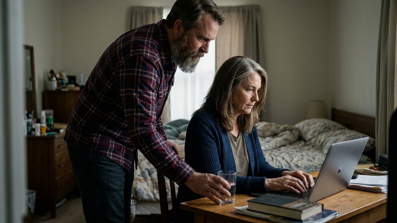 Teacher typing at bedroom desk as husband sets down water