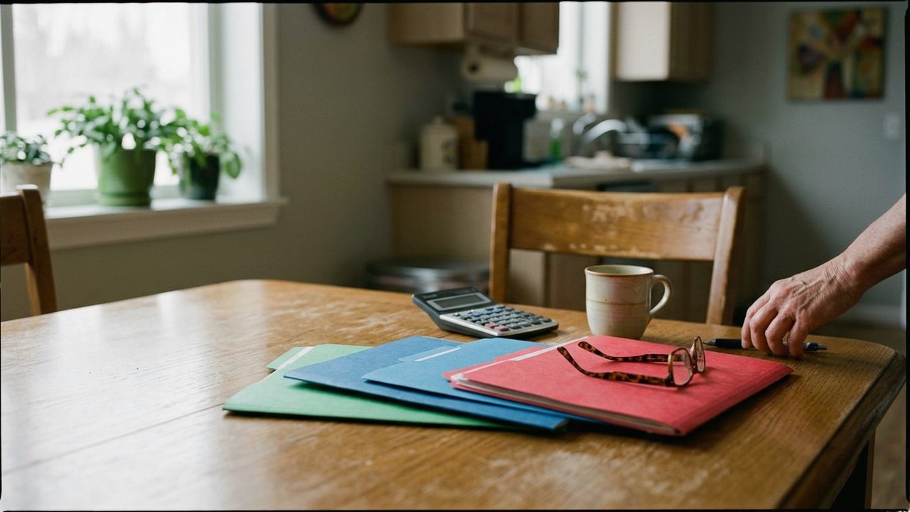 Kitchen table with file folders, calculator, tea mug and reading glasses
