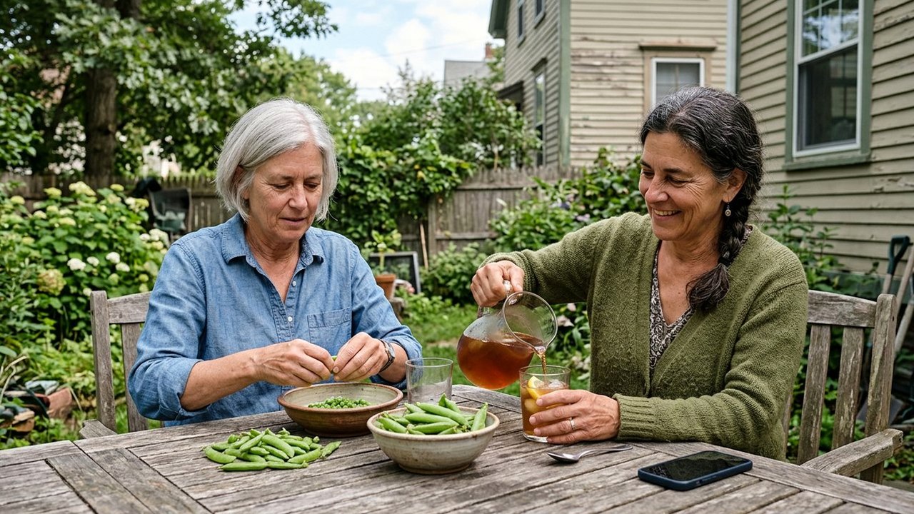 Two women in their fifties talking at a garden table