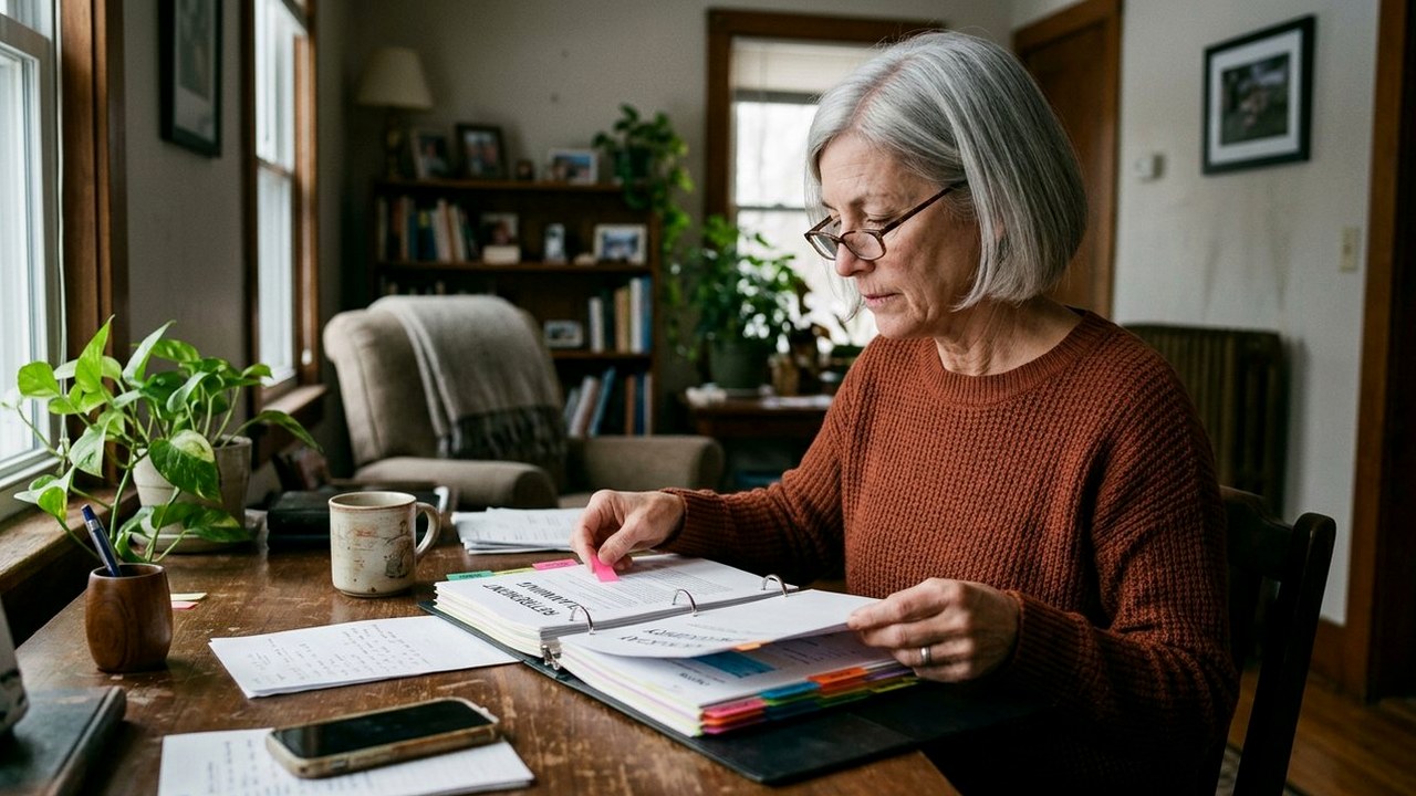 Woman in her fifties flagging pages in a retirement binder
