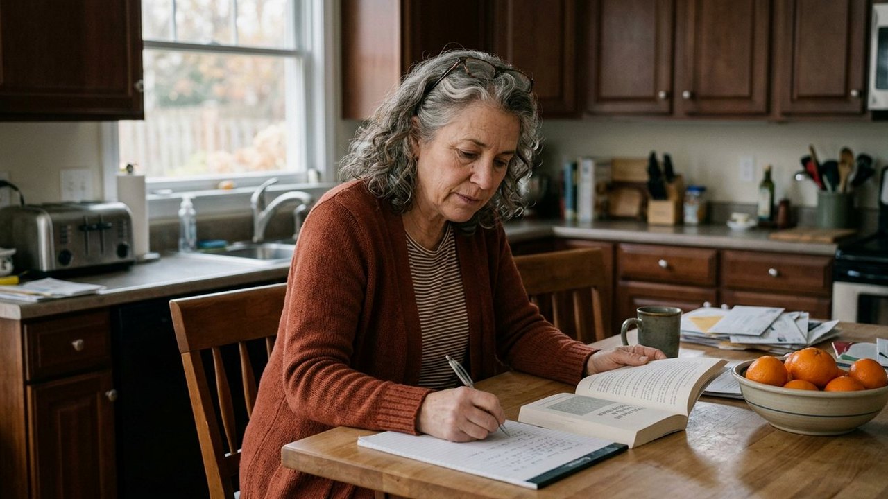 Teacher in rust cardigan writing notes at a kitchen island