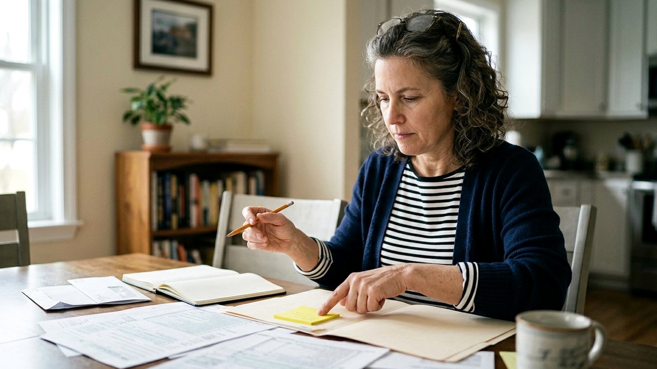 Woman at dining table sorting tax papers with yellow sticky notes