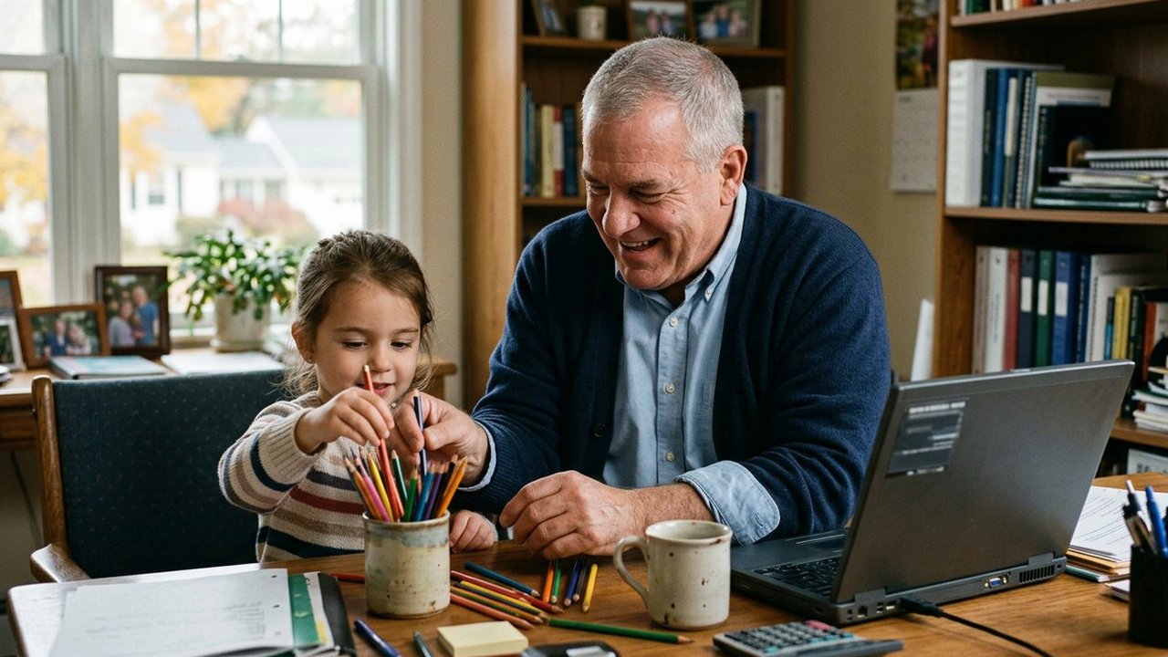 Gray-haired principal sorting colored pencils with granddaughter at home desk