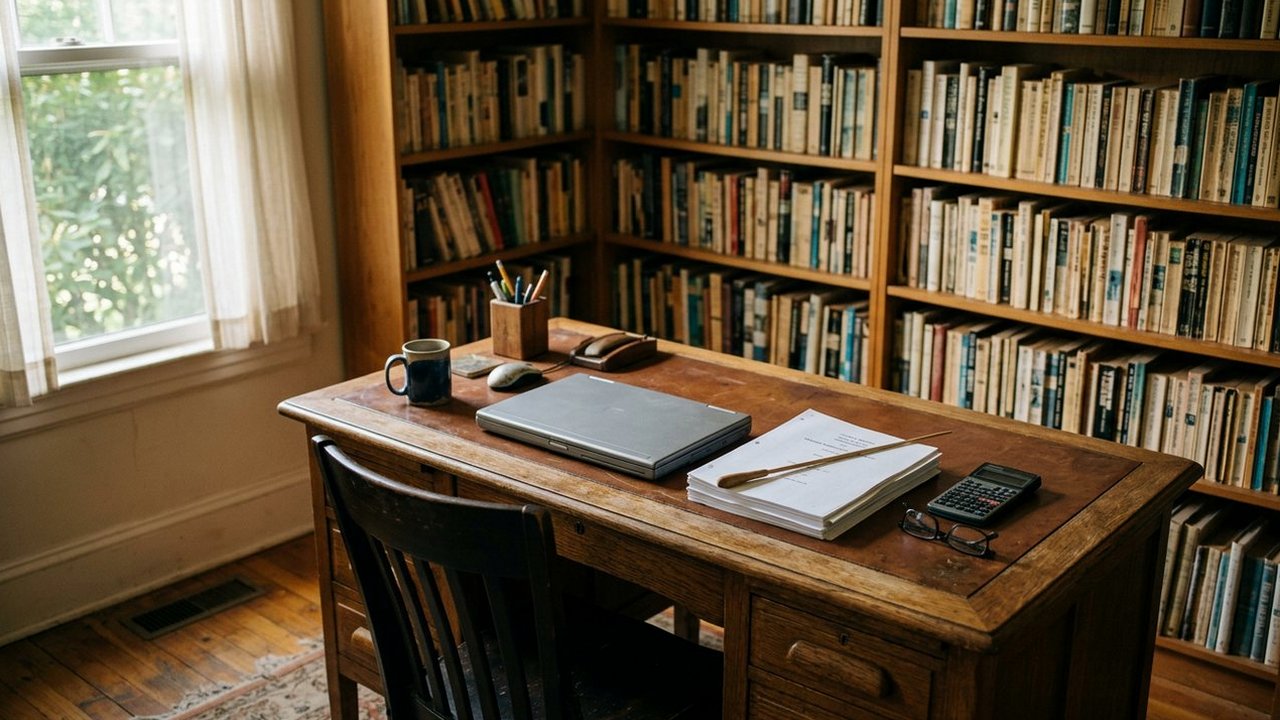 Home library desk with closed laptop, printed reports and baton